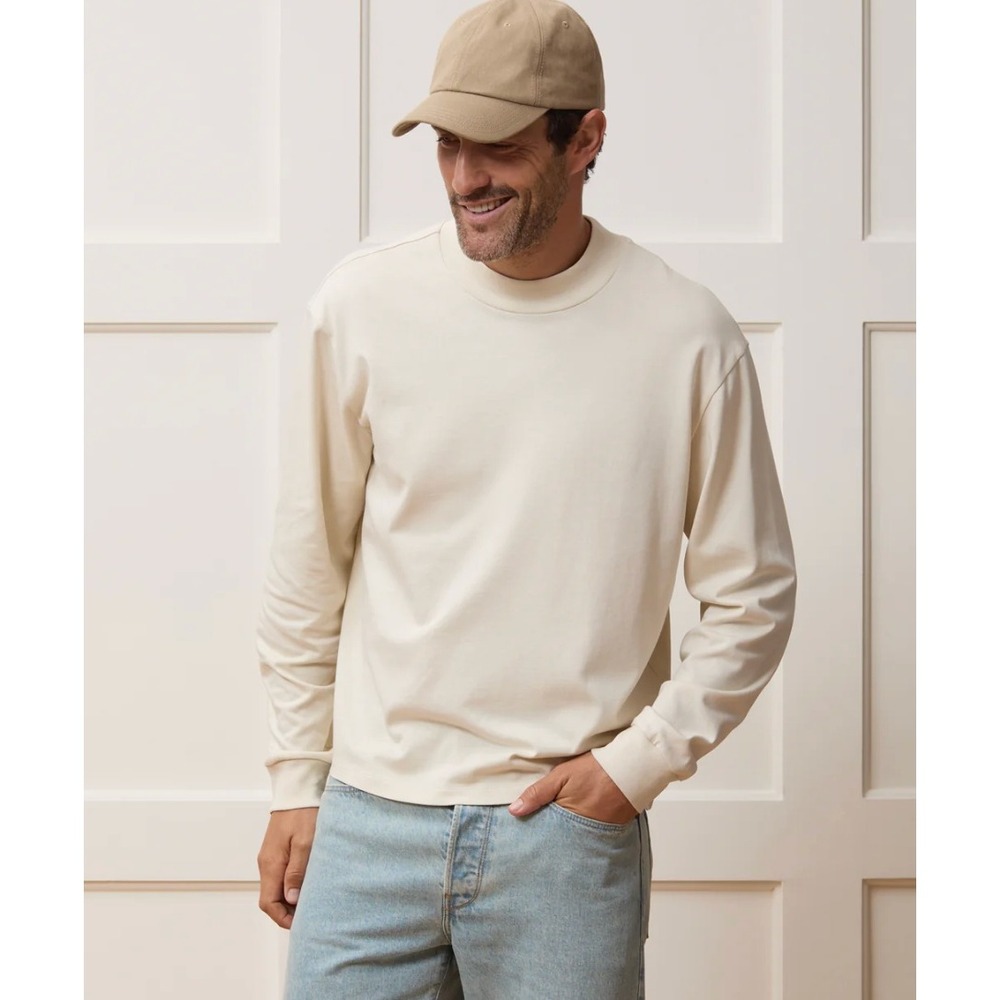 Todd Snyder Mens Boxy Mock Neck Heavy Jersey T Shirt Cream Chalk Sz L Comfy